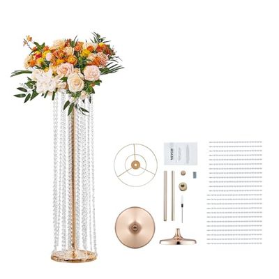VEVOR 2PCS 35.43inch /90cm Tall Crystal Wedding Flowers Stand, Luxurious Centerpieces Flower Vases Crystal Gold Vase Metal, Perfect for T-stage Wedding Party Ceremony Dinner Event Hotel Home Decor