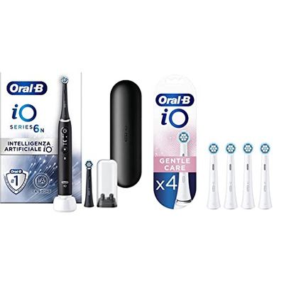 Oral-B Spazzolino Elettrico Ricaricabile iO6 Nero Con Custodia Da Viaggio & Io Testine Spazzolino Elettrico, Confezione Da 4 Pezzi, Gentle Care, Ideale Per Denti E Gengive Sensibili, Bianco