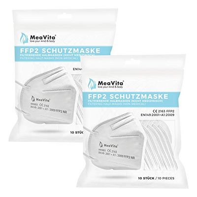 Mea Vita FFP2 masker, mond- en neusbescherming, EU CE-gecertificeerd volgens EN149:2001+A1:2009, elastische band, verpakking van 20 stuks