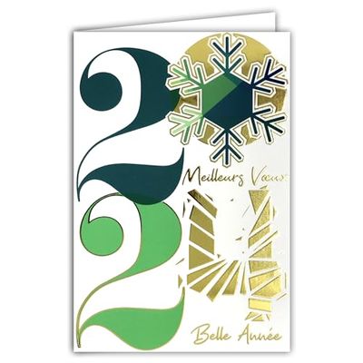 Happy New Year Card 2024 Best Wishes in Shiny Gold Sparkling Gold with White Envelope, Size 12 x 17.5 cm – Large Number 12 Flashes of Midnight New Year – Made in France