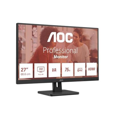 AOC 27E3UM - 27 Inch FHD Monitor, VA, 75Hz, 4ms, slim design, Speakers, Flicker Free, Low Blue light, USB Hub, Tilt, Adaptive Sync (1920 x 1080 @75Hz, 300 cd/m², HDMI 1.4 / DP 1.2 / USB 3.2)
