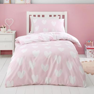 Catherine Lansfield Brushed Cotton Hearts Reversible Double Duvet Cover Set with Pillowcases Pink