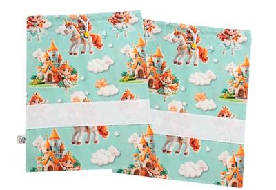 Filet - Set van 2 katoenen kinderdagzakken met prinsessenprint Tiffany-groen, inzetstuk van Aida-stof om te borduren, Made in Italy, 42 x 34 cm, ideaal om in te wikkelen, voor schoenen, sport, Groen