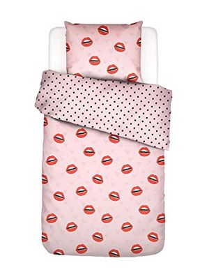 Covers & Co Beddengoed Kiss My Sass lippen en harten biologisch katoen percal (GOTS) Rose, 155x220 + 1 x 80x80 cm