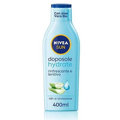 NIVEA SUN Latte Doposole Hydrate in maxi flacone da 400 ml, Crema doposole con aloe vera bio e acido ialuronico, Crema corpo idratante ad azione rinfrescante e lenitiva