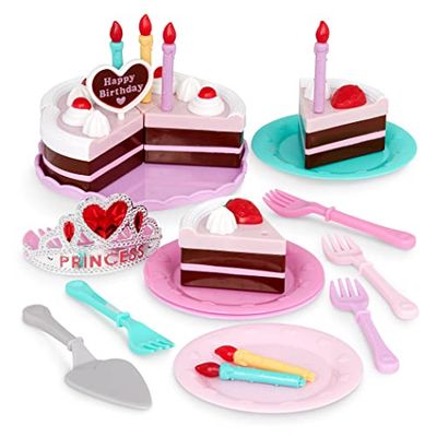 Play Circle Battat Gâteau d'anniversaire de Princesse - Jeu de Simulation - 24 pièces - Assiettes et Bougies Accessoires, 3 Ans et Plus, Grise