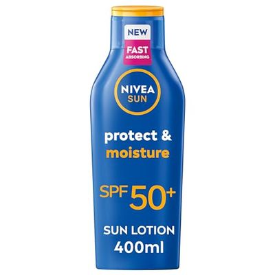 NIVEA SUN Protect & Moisture Sun Cream Lotion SPF 50 (400 ml), Sun Lotion with Vitamin C and Hyaluron, Provides 48H Moisture and Immediate UVA & UVB Protection, Water-Resistant, Leaves No White Cast