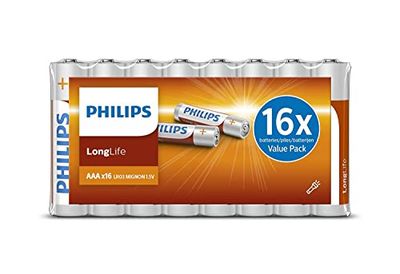 Philips Batterie AAA LongLife - RO3 Micro 1,5 V LongLife - Batterie Alcaline 16 Pezzi