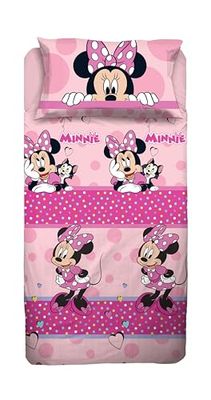 Minnie Mouse Set med fyrkantiga och mellanstora sängar, Disney-set, överlakan, påslakan med hörn, örngott, rosa, Disney (100% bomull, officiell)