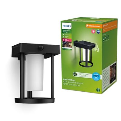 Philips LED Camill Lampada Solare da Parete per Esterni Ultra Efficiente, Smerigliata, Rotondo, Luce Bianca Fredda, 1.4W, Sensore di Movimento, IP44, Nero [Classe di efficienza energetica A]