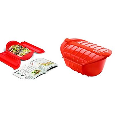 Lékué - Kit Estuche de vapor 3,4 personas + libro de recetas, 1400 ml, Silicona & Estuche hondo de vapor XL, capacidad de 1000 ml, para 3-4 personas, color rojo