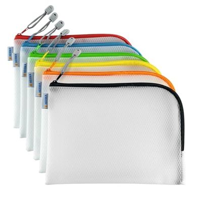 HERMA 20007 Zip Toiletry Bag A5, Pack of 10, transparent (26 x 20 cm) small zippered travel pouch for cosmetics, liquids, make-up, toothbrush, clear cosmetic bag with zipper, assorted colours