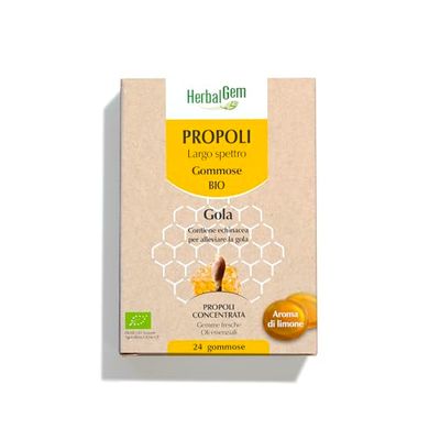 HerbalGem - Propoli Largo Spettro Gommose Bio - Gola sensibile - Quando si avverte un raffreddore - 24 gommose