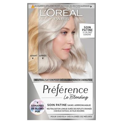L’ORÉAL PARIS - Soin Patine Post-Décoloration - Neutralise les Reflets Orangés & Nourrit les Cheveux - Sans Ammoniaque - Préférence Le Blonding - Teinte : Blond Cendré (01)