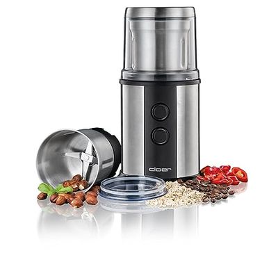 Cloer 7419 Elektrische Koffie- en Kruidenmolen met Slagmessen van roestvrij staal, 350 W, 2 afneembare roestvrijstalen containers, voor pesto, kruiden, noten en graanproducten, tot 80 g Koffiebonen