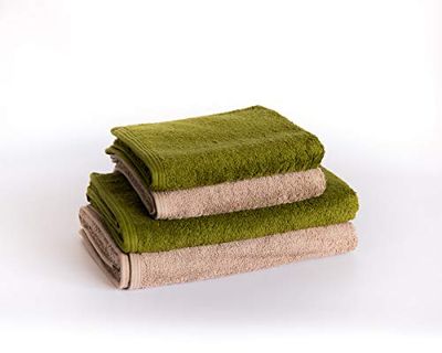 Sancarlos - Lot de 4 essuie-Mains Ocean Duo, 2 lavabos et 2 Serviettes de Bain, Couleur Pierre et Vert, 100% Coton, 550 g/m²