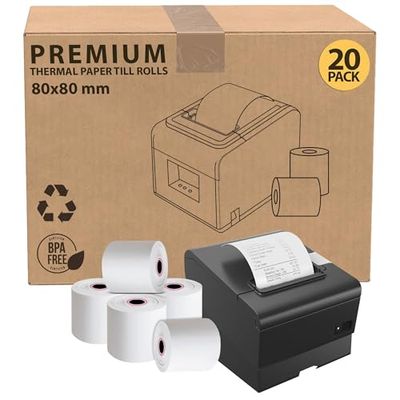 iSOUL 80X80mm Smudge Free Till rolls for PDQ Machines 20 Pack Thermal Receipt Printer Rolls Card Machine Paper Rolls for Sam 4S POS-XQ1 Star Micronics TSP100 Series Bixolon SRP Citizen CT Flex Desktop