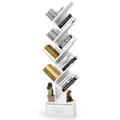 COSTWAY Boekenkast met lade, 8 verdiepingen, staand rek, boomvorm, cd- en dvd-plank, voor slaapkamer, woonkamer en thuiskantoor, 38 x 21,5 x 149,5 cm (wit)