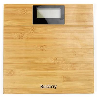 Beldray LA086495TS2 digital personvåg i bambu, personlig vattenbeständig elektronisk våg för badrum, lättläst LED-skärm, mått vikt i KG/lbs, max kapacitet: 180 kg