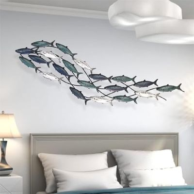 rcqeuiol Décoration murale en métal - Poisson 3D - Grande sculpture murale en métal sur le thème de l'eau côtière - Décoration marine - Pour salon, chambre à coucher, 150 x 41 cm