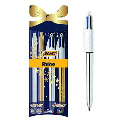 BIC 4Colori e Cristal, Fusti Shine, Set di 2 Penne Multicolore con 4 Inchiostri Classici e 2 Penne Cristal con Fusti Oro e Argento, Punta Media, Idea Regalo Cancelleria