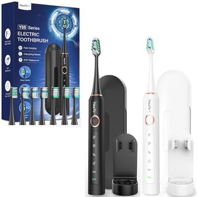 Brosse À Dent Électrique Soniques Adultes - Lot De 2 Brosse A Dent Sonique avec 10 Têtes de Brosse et Étui de Voyage, 5 Modes, Étanche IPX7, Brosse A Dent Electrique, Noir et Blanc