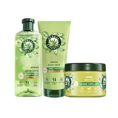 Herbal Essences Sans Sulfates Shampoing 250ml + Après-shampoing 200 ml+ Masque 500ml Aloe Vera – Apaise, Hydrate, Nettoie et Nourrit Les Cheveux Très Secs - Parfum Jasmin, Végan