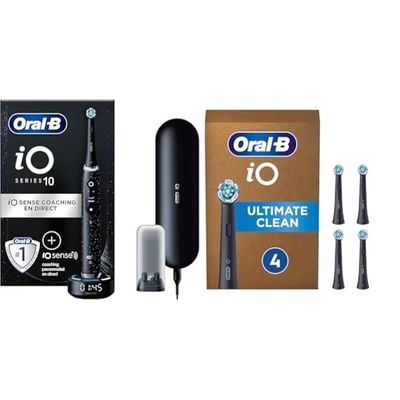 Lot de Oral-B iO Série 10 Brosse à Dents Électrique Noire, 1 Brossette, 1 Chargeur, 1 Étui De Voyage + Oral-B iO Ultimate Clean Brossettes Noires De Rechange, Lot De 4 = 1 an de brossage