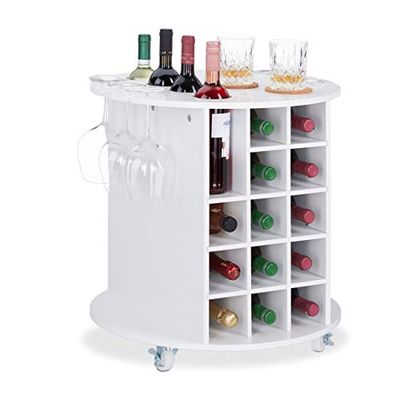 Relaxdays Mobile Portabottiglie Vino con Ruote Piroettanti, 6 Portabicchieri, Scaffale per 17 Bottiglie, Rotondo, HxD: 56x54 cm, Bianco