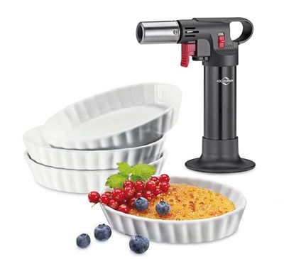 Küchenprofi Crème Brûlé Set ECO, 5 pezzi, 1 bruciatore flamber, 4 ciotole in porcellana dura (85 ml), adatte al forno e al microonde, con bruciatore e ciotole, incluse ricette