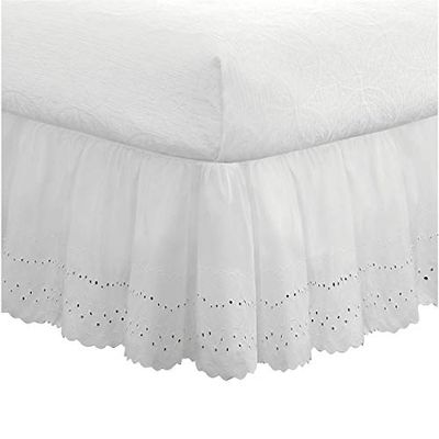 Fresh Ideas Bedding Eyelet Ruffled Bedskirt Classic 14” drop length Gathered Styling, Queen, White