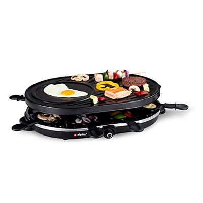 Alpina 8711252182407 Raclette Elettrico Grill da Tavolo - con Padelle e Spatole - 1200W - 8 Persone, Ghisa, Nero