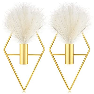 Peryiter 2 st boho väggdekor metall guld väggkonst hängande planterare med konstgjorda pampas modern heminredning displaykonst för vardagsrum sovrum badrum (rombus)