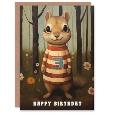 Artery8 3rd Birthday Greeting Card Child Cute Chipmunk Kids Age 3 Year Old
