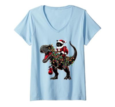 Womens Santa Cat Rides T-Rex Christmas Cat Riding Dinosaur T-Shirt V-Neck T-Shirt
