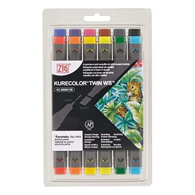 Zig KC3000N12B1 Kurecolor Basic Twin Ws Marker Set - 6.5mm & 1mm, Set of 12, Twin Tip