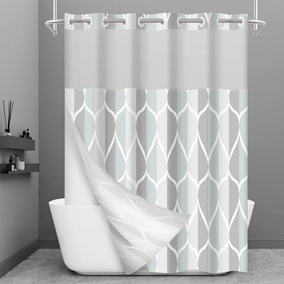 Yiatn No Hook Grey Shower Curtain with Snap in Fabric Liner Set - Hotel Style with See Through Mesh Top Window, Modern Geometric Waterdrop Design,Waterproof and Washable, 71x74 INCH