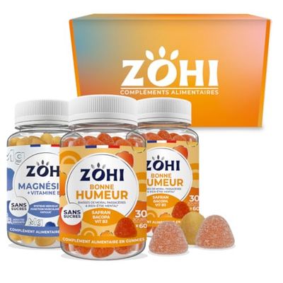 ZOHI-Coffret "Bonne humeur" - 2 pilulier ZOHI Bonne humeur 30 jours, 1 pilulier ZOHI Magnésium - Fabriqué en France - Sans sucres -Compléments alimentaires en gummies