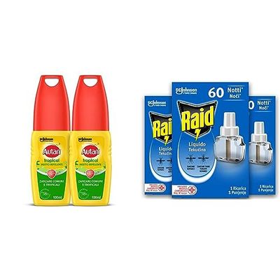 Autan Tropical Vapo Bipacco, Insetto Repellente e Antizanzare, 2 Confezioni da 100ml & Raid Liquido Elettrico tripla ricarica, contro Zanzare Tigre e Zanzare Comuni 3 Confezioni da 36 ml