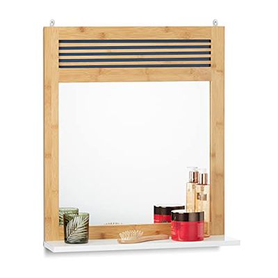 Relaxdays Badspiegel mit Ablage, verzierter Wandspiegel, Bambus Badezimmerspiegel HBT: 61 x 53 x 15 cm, Natur/weiß Espejo de baño con Estante, Bambú, Marrón/Blanco, 1 Ud