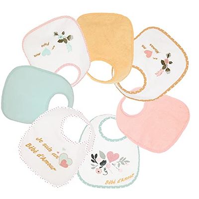 Trois Kilos Sept – Lote de 7 baberos para niña recién nacida – Impermeables (diseño de amor, rosas)