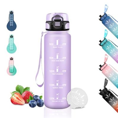 Drinkfles voor kinderen, 0,5 liter, met tijdschaal, gemakkelijk te reinigen, drinkfles 500 ml met filter, motiverende drinkfles, voor school, kantoor, camping, reizen, paars