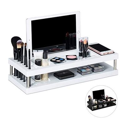 relaxdays Portaoggetti da Scrivania, Organizer per Cosmetici, Scomparto per Cellulare, Porta Pennelli, 2 Ripiani, Bianco, Ufficio, Bianco