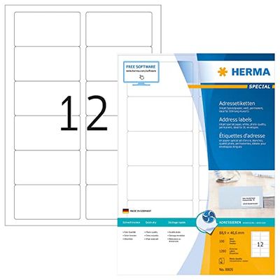 Herma 8805 Étiquettes jet d'encre 88,9 x 46,6 A4 1200 pièces Blanc
