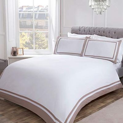 Sleepdown Juego edredón con Funda de Almohada, 100% algodón, satén de 300 Hilos, tamaño Super King (260 x 230 cm), Blanco Visón, Matrimonio Grande