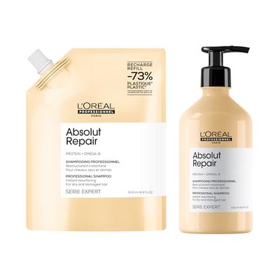 L'Oréal Professionnel Absolut Repair Shampoo, 500ml and Refill - Protein, Gold Quinoa - Serie Expert