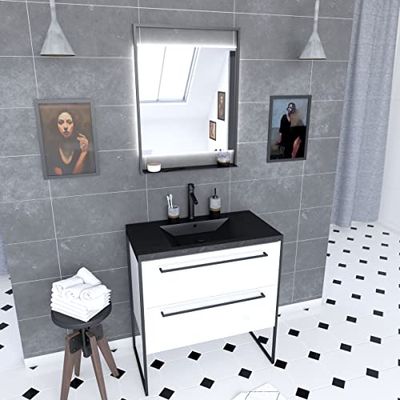 AURLANE - Juego de muebles de baño, 80 x 50 cm, color blanco – 2 cajones – Lavabo de resina negra efecto piedra – Espejo