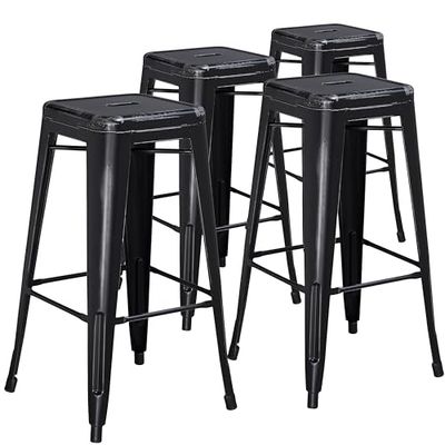 Flash Furniture Conjunto de 4 bancos de bar, grau comercial, 76 cm, sem encosto, metal envelhecido, para interiores e exteriores, ferro, plástico, cor preta