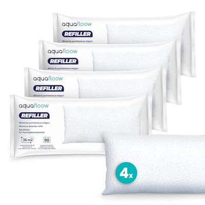 Aquafloow 4x Navulzak Granulaat 450g, Nnavulverpakkin voor Ruimteontvochtiger | voor Ruimtes tot 40 m², Voorkomt Schimmel, Onaangename Geuren, Beschermt Muren