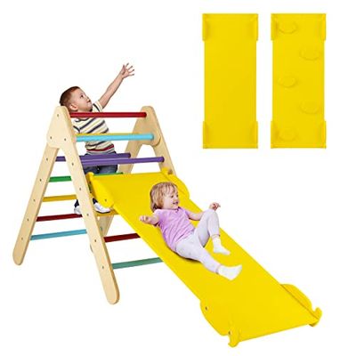 COSTWAY Triángulo de Escalada con tobogán, Estructura de Escalada para Interiores a Partir de 1 año, triángulo de Escalada, rampa de Escalada de Madera, para Escalada y tobogán (Amarillo)